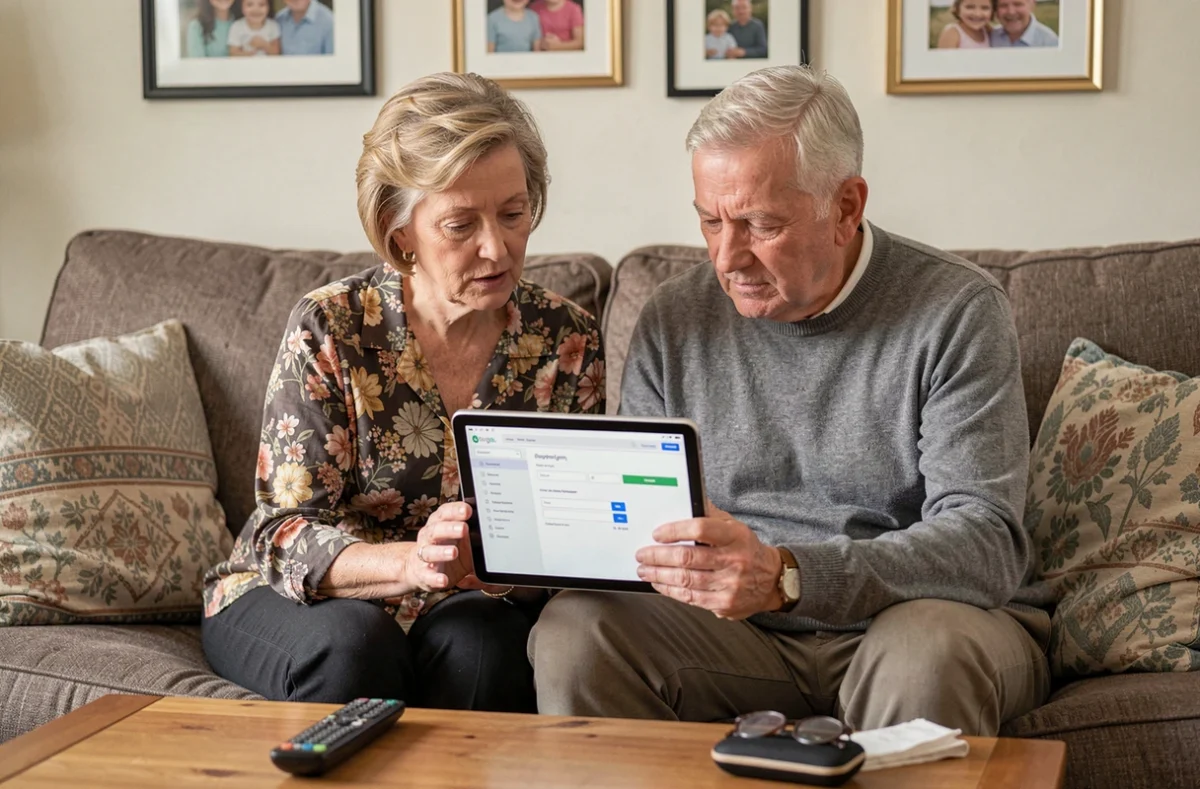 Un couple de retraités consulte ensemble une tablette pour mettre à jour leurs données personnelles sur Orange Kiosque dans leur salon