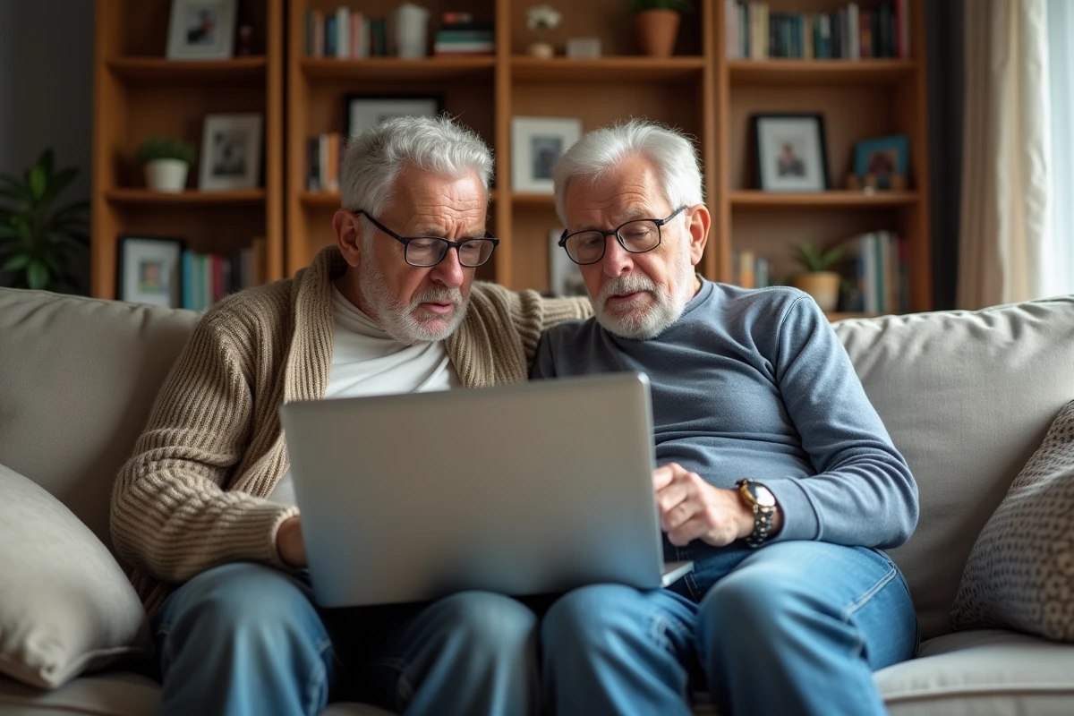 Couple de retraités consultant un site gouvernemental sur les nouvelles taxes retraites 2026 sur leur ordinateur portable dans leur salon