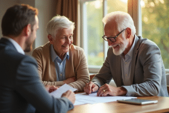 Couple senior souriant avec conseiller financier dans un intérieur chaleureux