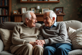 Couple agee assis main dans la main dans un salon chaleureux