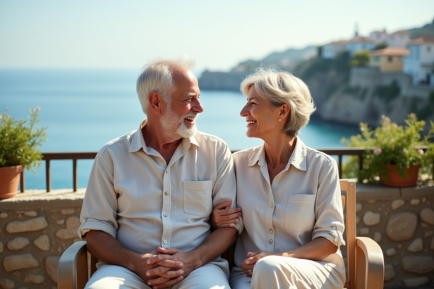 Couple senior souriant sur une terrasse face à la mer