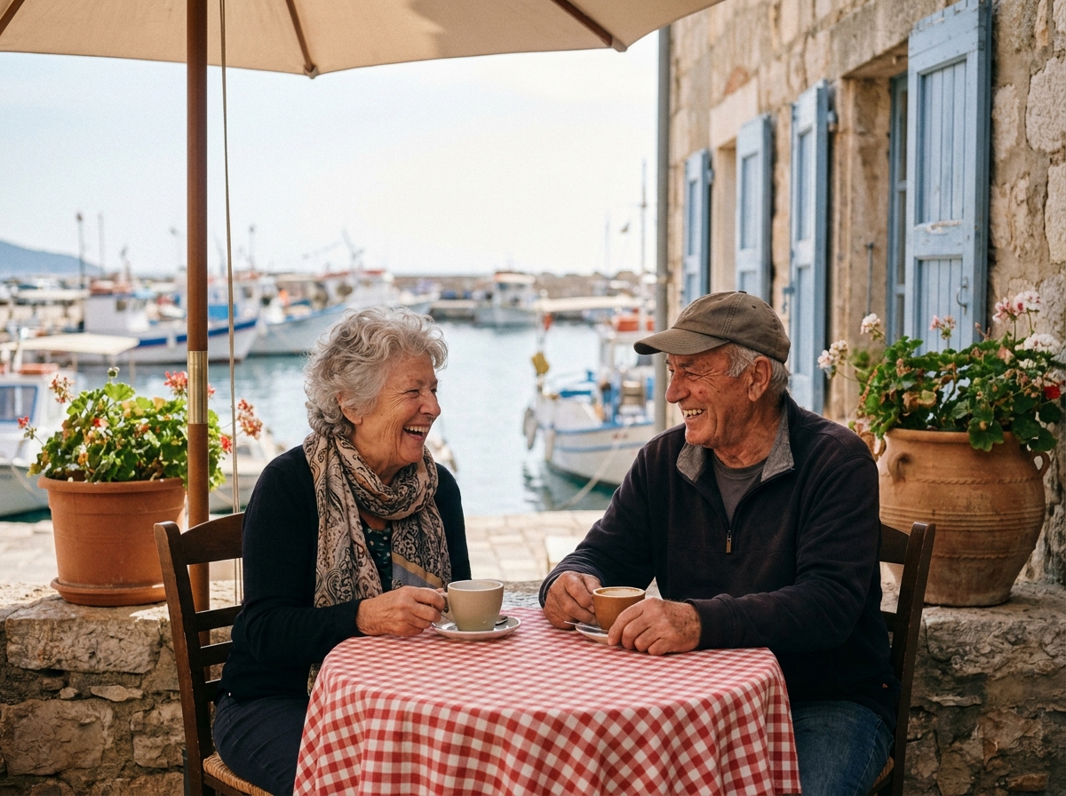 Couple de seniors riant ensemble en terrasse de café face à un port méditerranéen avec bateaux en arrière-plan