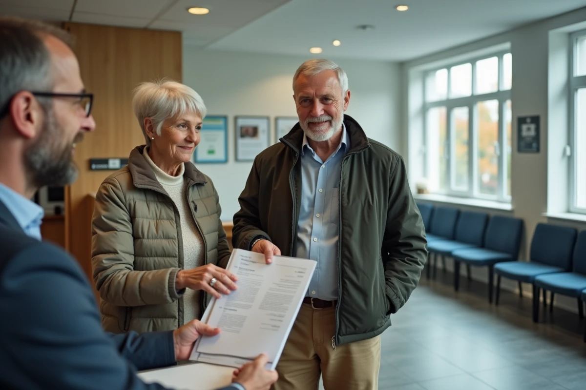 Couple de seniors déposant un dossier de cumul AAH retraite au guichet d'un service administratif