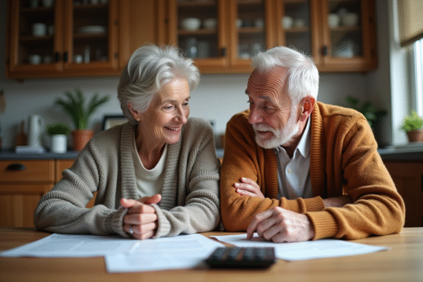 Couple senior discutant de finances dans la cuisine