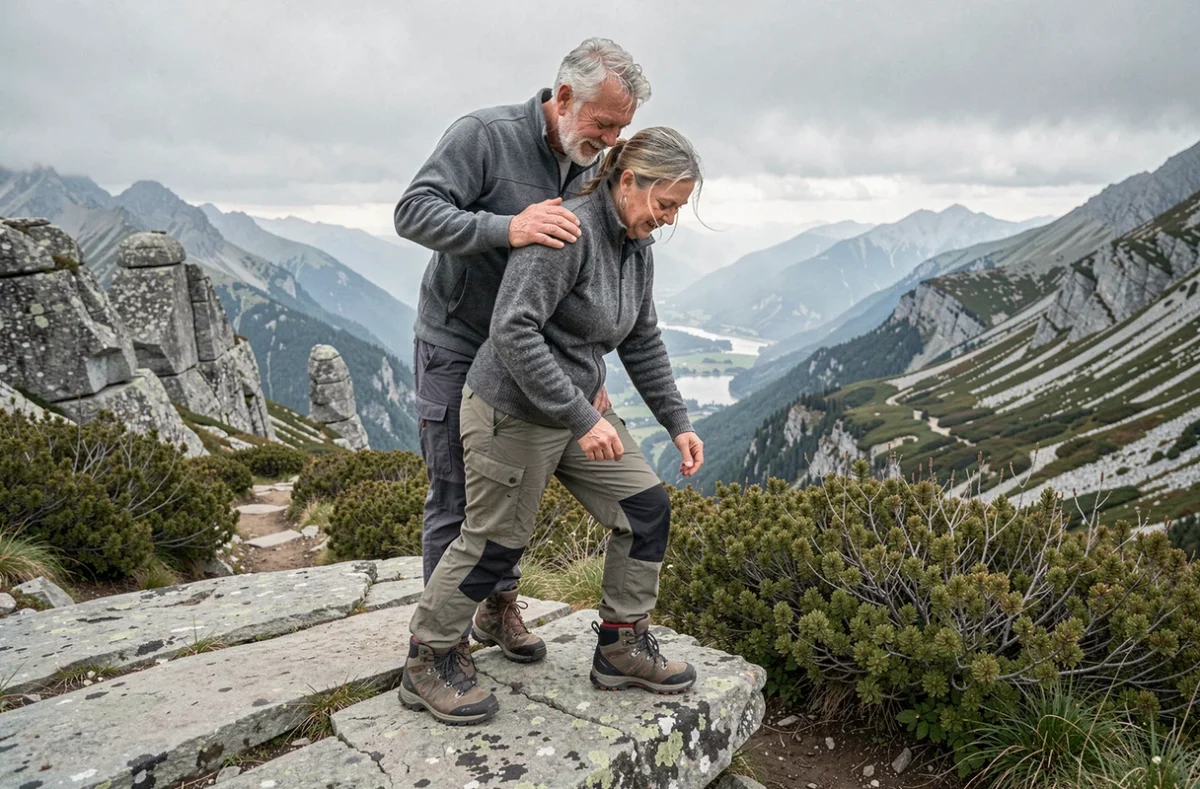 Couple de seniors aidant sur un sentier de montagne, illustrant la confiance et la sécurité en randonnée