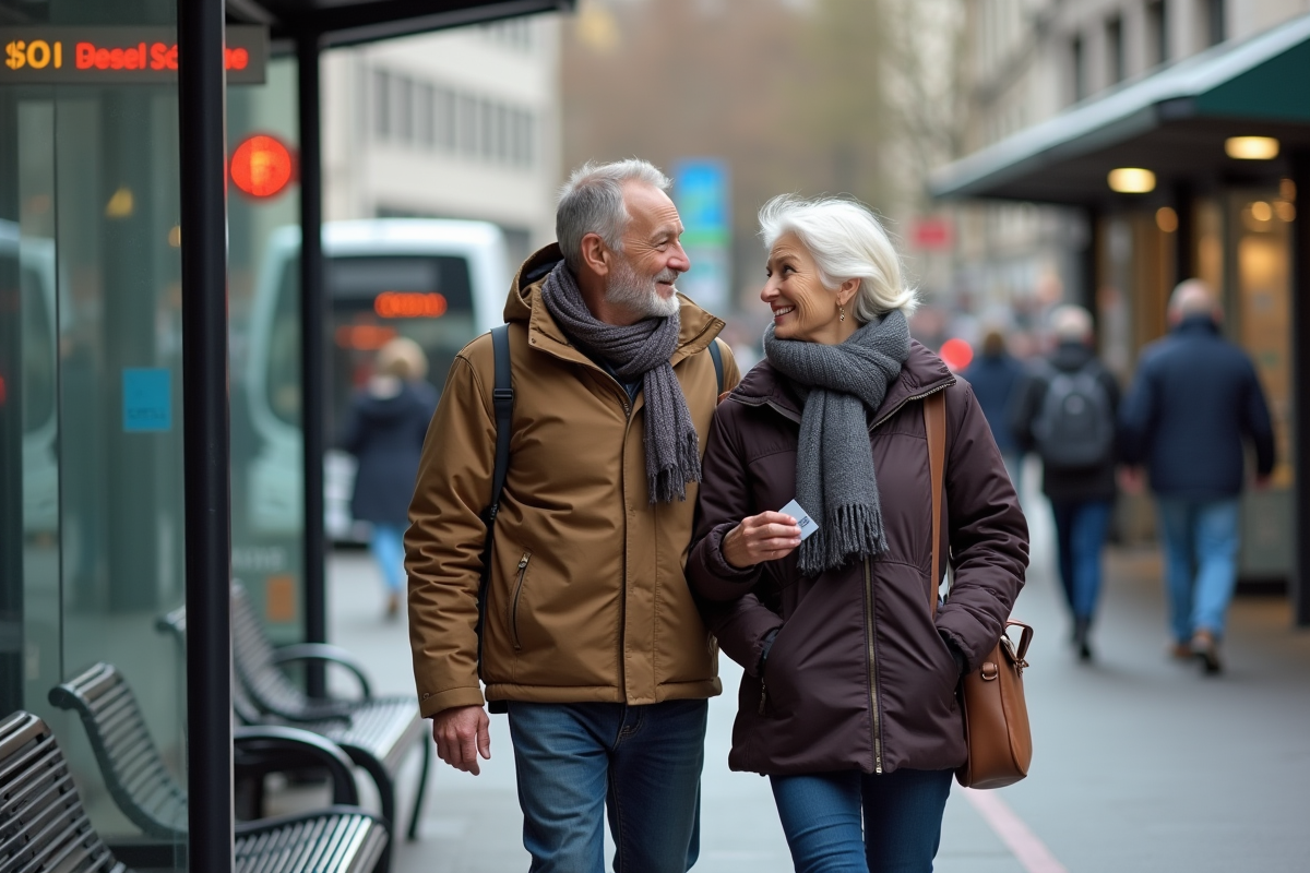 Couple senior montant dans un bus urbain en extérieur