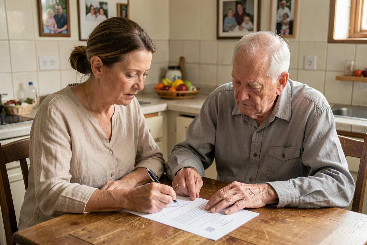 Une curatrice aide un homme âgé à signer un document officiel dans un cadre domestique familier