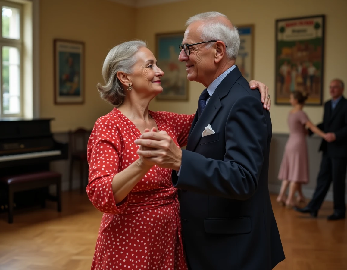 Femme et homme de plus de 60 ans dansant un slow élégant dans une salle de bal lyonnaise au parquet ciré