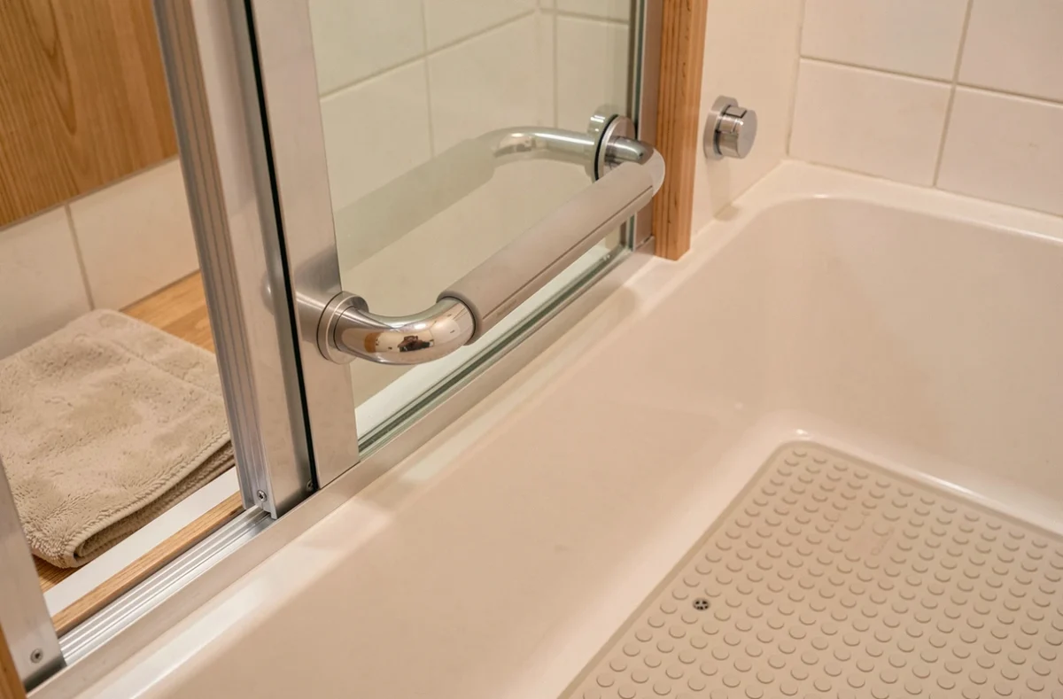 Détail des équipements de sécurité d'une baignoire PMR : poignée ergonomique, fond antidérapant et porte étanche dans une salle de bain adaptée