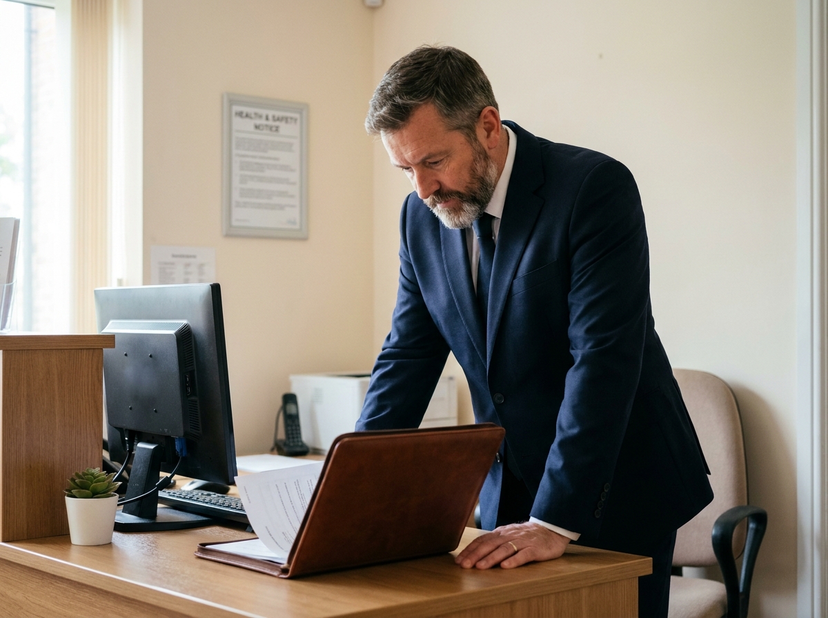 Directeur de pompes funèbres consultant des documents administratifs à l'accueil d'un établissement de soins