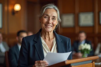 Femme à la retraite lisant un discours émouvant devant ses collègues lors d'une cérémonie de départ en entreprise