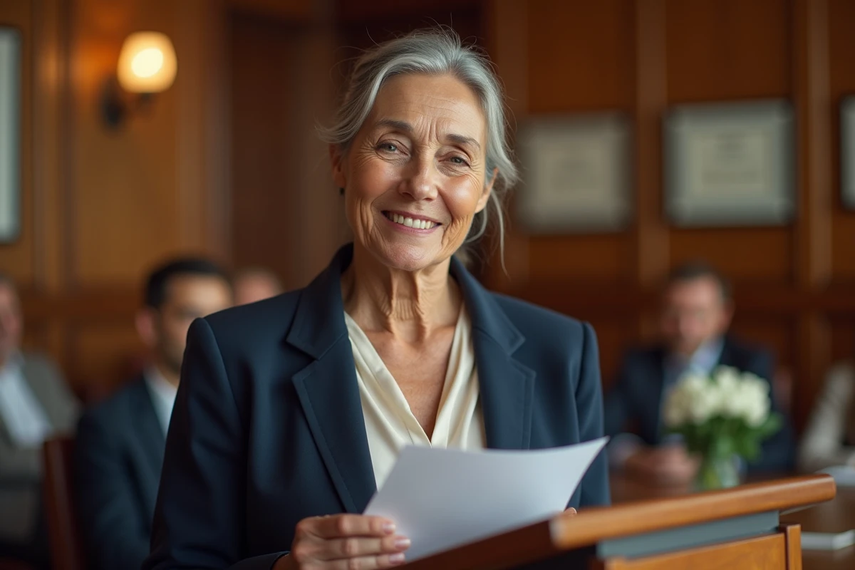 Femme à la retraite lisant un discours émouvant devant ses collègues lors d'une cérémonie de départ en entreprise