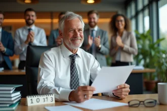 Homme souriant tenant un discours humoristique lors d'une fête de départ à la retraite dans un bureau moderne