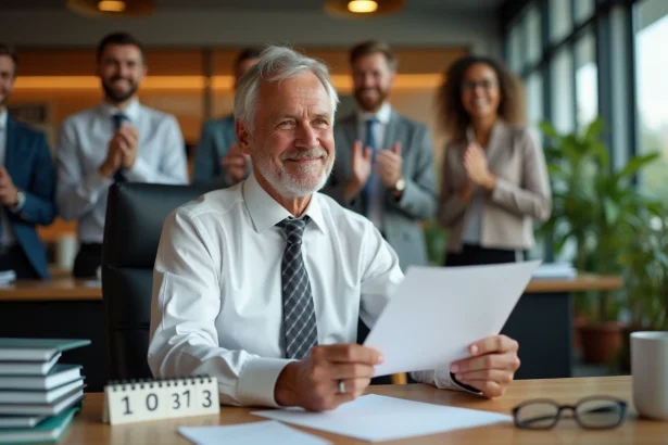 Homme souriant tenant un discours humoristique lors d'une fête de départ à la retraite dans un bureau moderne
