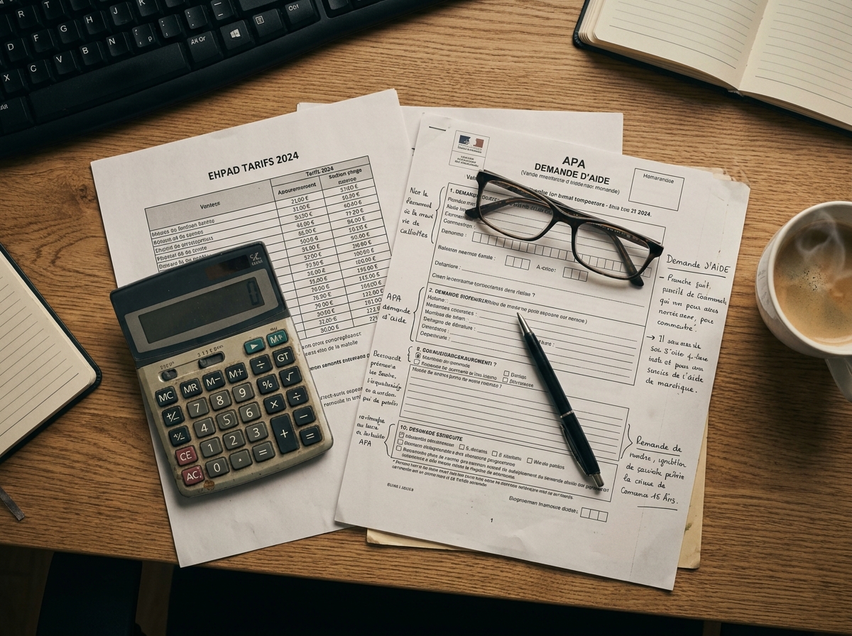 Vue de dessus d'un bureau avec des documents tarifaires EHPAD, une calculatrice et des formulaires d'aide à domicile