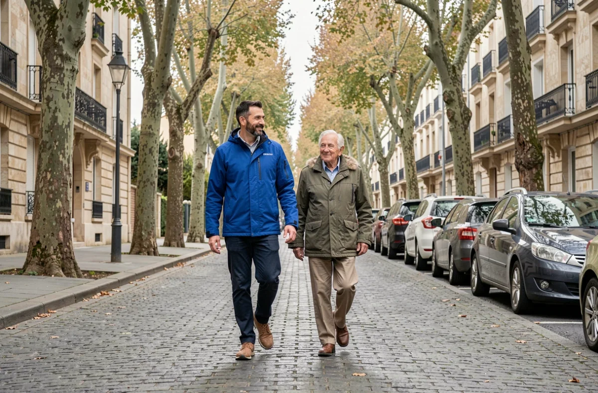 Auxiliaire de vie Domidom Services Créteil accompagnant un senior lors d'une promenade dans les rues de Créteil