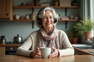 Femme retraitée souriante écoute musique avec casque dans une cuisine chaleureuse