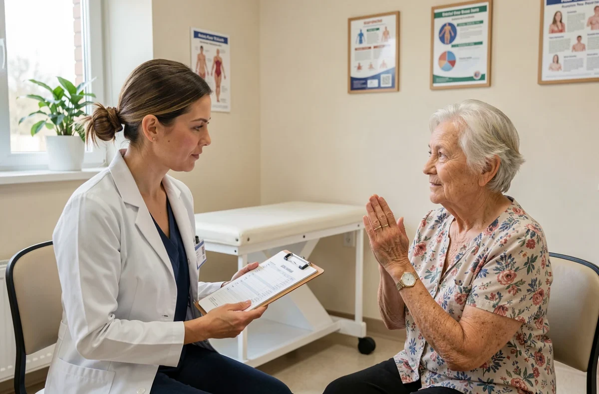 Professionnelle de santé évaluant l'autonomie d'une personne âgée avec la grille AGGIR