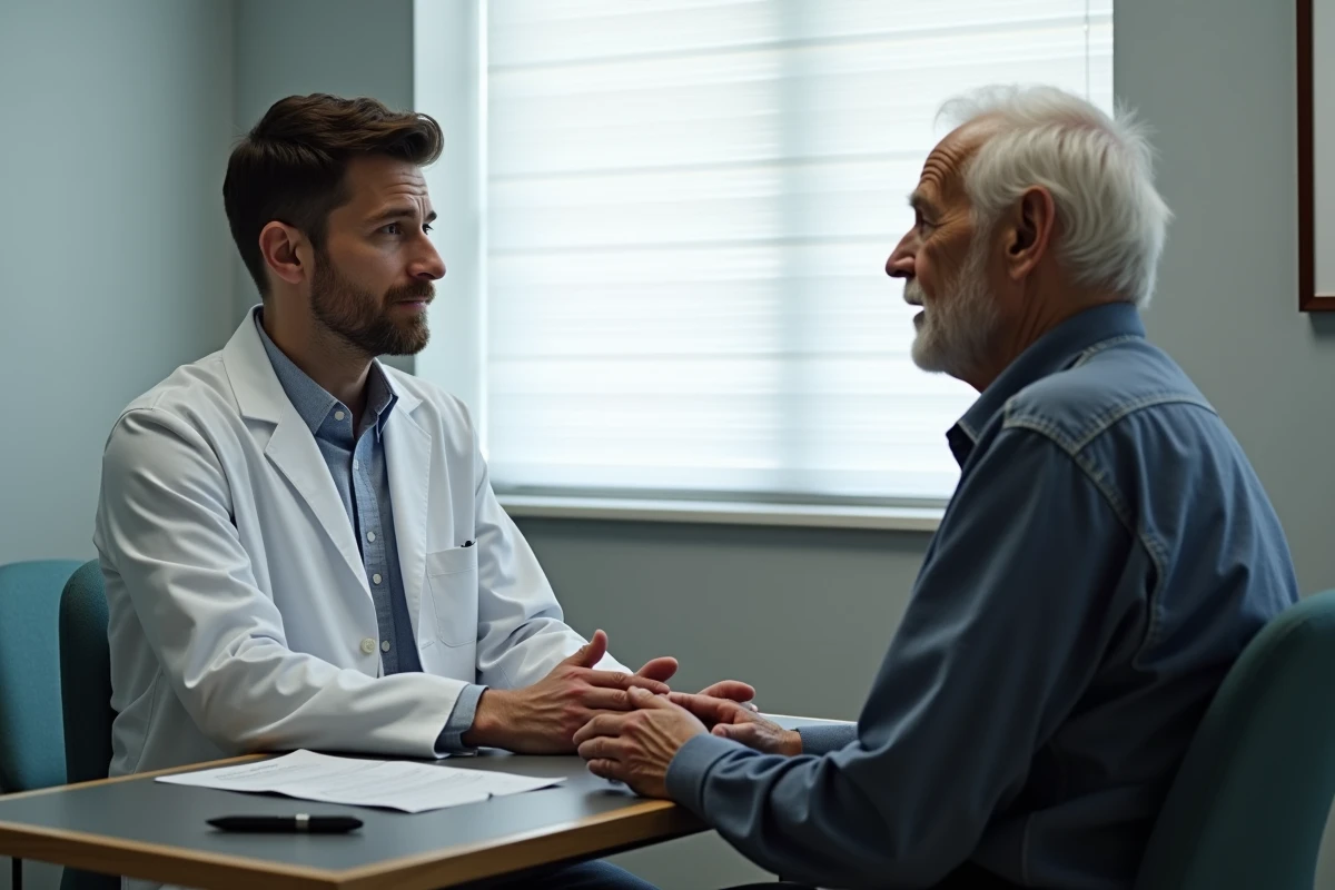 Médecin gériatre réalisant une évaluation IADL avec un patient âgé en consultation