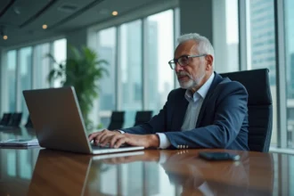Homme senior en costume bleu travaillant sur un ordinateur dans un bureau moderne