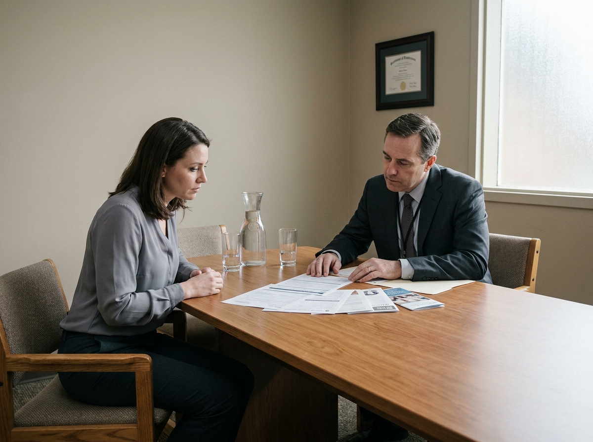 Famille et administrateur d'établissement discutant des démarches officielles après un décès autour d'une table de réunion
