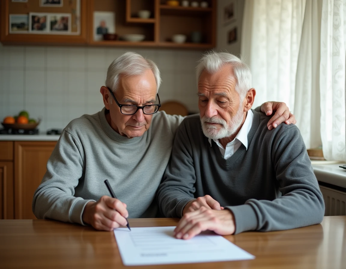 Fils aidant son père âgé à comprendre un questionnaire IADL autour de la table familiale