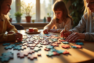 Famille assemble un puzzle en bois coloré à la maison