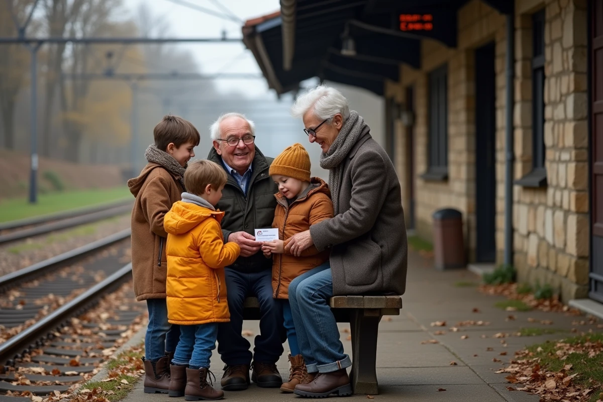 Famille retraitée et petits-enfants à la gare SNCF en campagne