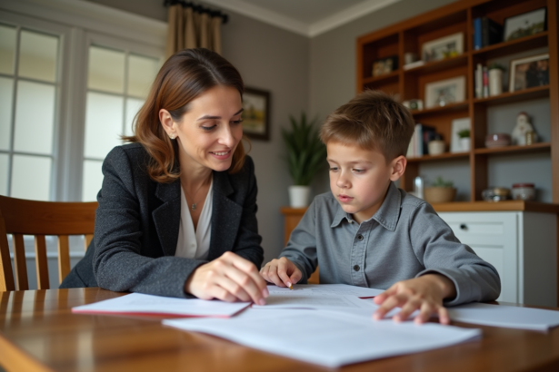 Femme adulte guidant un adolescent lors de la lecture de documents