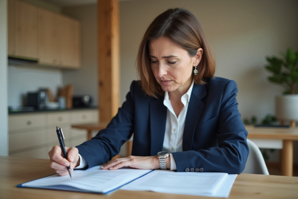 Femme d'affaires lisant des documents dans la cuisine