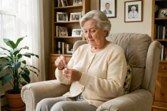 Une femme âgée examine un bracelet anti-chute pour senior sans abonnement dans son salon