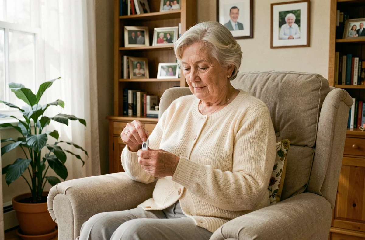Une femme âgée examine un bracelet anti-chute pour senior sans abonnement dans son salon