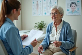 Femme agee en consultation medecine avec professionnel