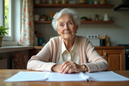 Femme agee assise à la cuisine avec documents