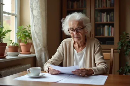 Femme âgée consultant des documents sur le financement d'une maison de retraite à la table de sa cuisine