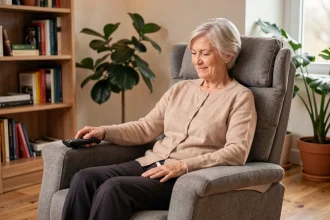 Femme âgée assise dans un fauteuil releveur moderne actionnant la télécommande dans un salon cosy