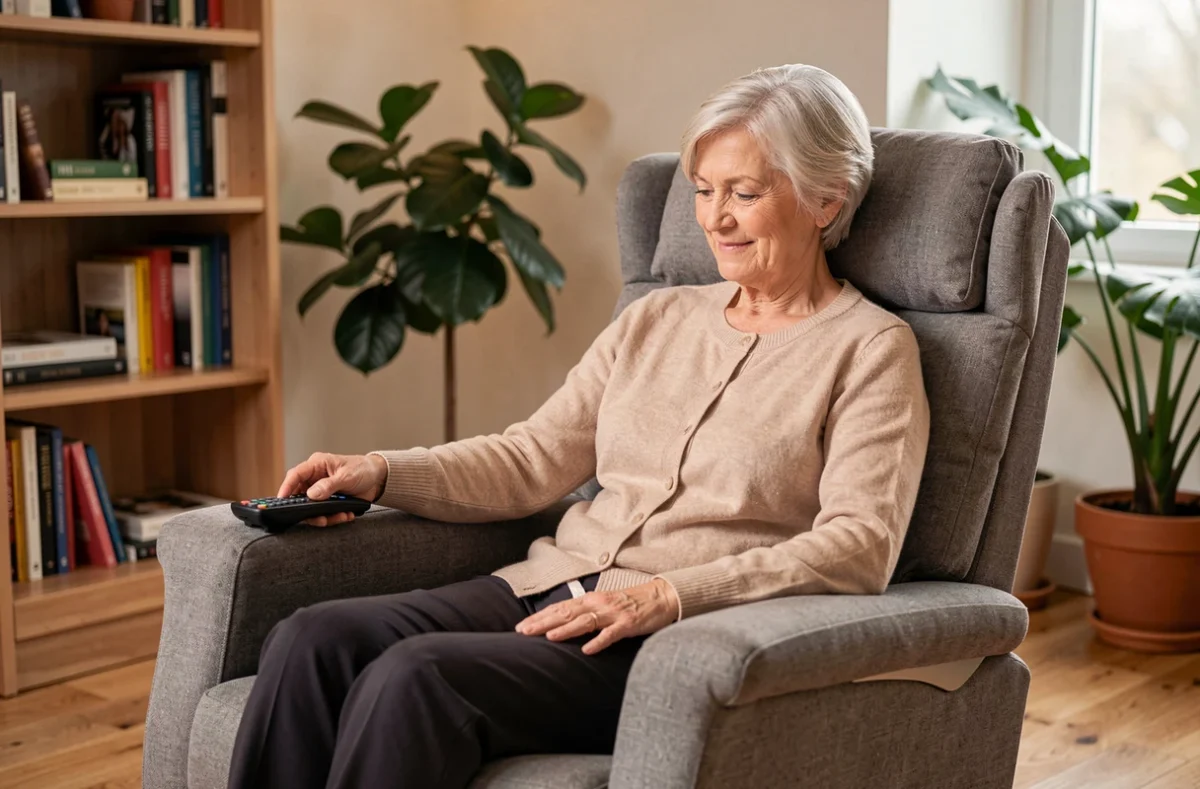 Femme âgée assise dans un fauteuil releveur moderne actionnant la télécommande dans un salon cosy
