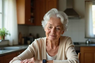 Femme âgée assise à sa table de cuisine regardant sa montre connectée avec curiosité