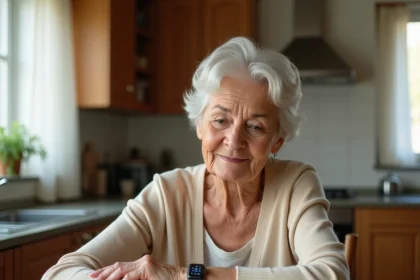 Femme âgée assise à sa table de cuisine regardant sa montre connectée avec curiosité