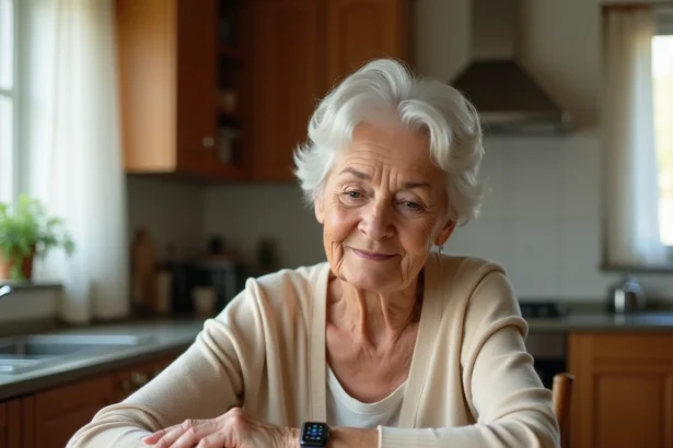 Femme âgée assise à sa table de cuisine regardant sa montre connectée avec curiosité