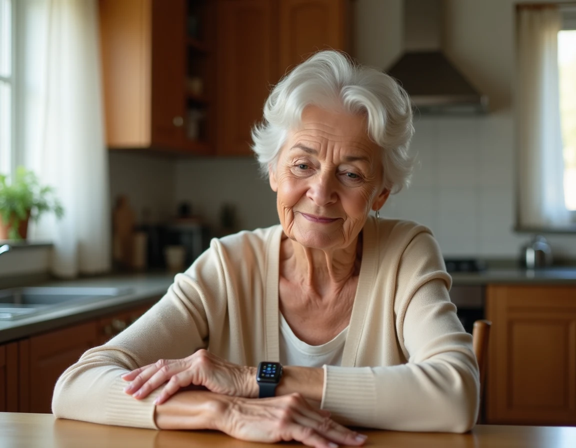 Femme âgée assise à sa table de cuisine regardant sa montre connectée avec curiosité