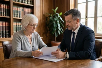 Une femme âgée et un notaire examinent ensemble un document de curatelle dans un bureau juridique traditionnel