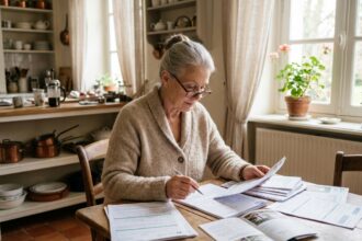 Femme âgée consultant des documents pour planifier le budget de ses obsèques à la maison