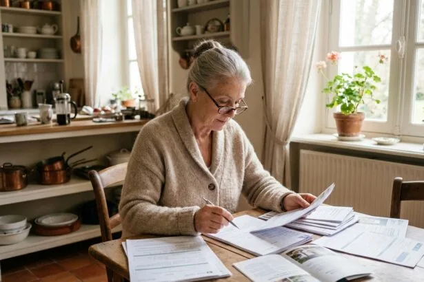 Femme âgée consultant des documents pour planifier le budget de ses obsèques à la maison
