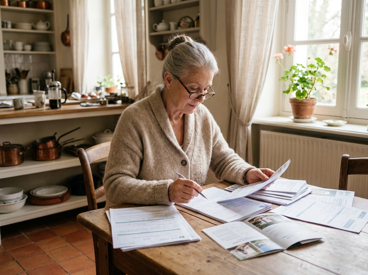 Femme âgée consultant des documents pour planifier le budget de ses obsèques à la maison