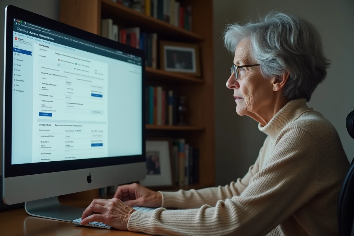 Femme âgée utilisant un simulateur GIR autonomie sur ordinateur avec hésitation