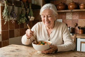Une femme âgée souriante prépare une soupe de légumes colorée dans une cuisine rustique chaleureuse, illustrant les repas équilibrés pour seniors