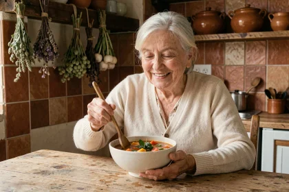 Une femme âgée souriante prépare une soupe de légumes colorée dans une cuisine rustique chaleureuse, illustrant les repas équilibrés pour seniors