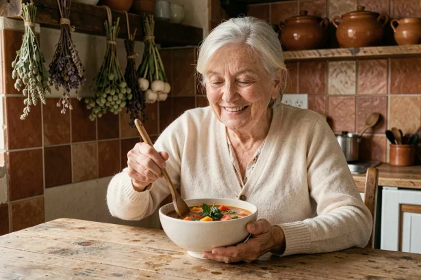 Une femme âgée souriante prépare une soupe de légumes colorée dans une cuisine rustique chaleureuse, illustrant les repas équilibrés pour seniors