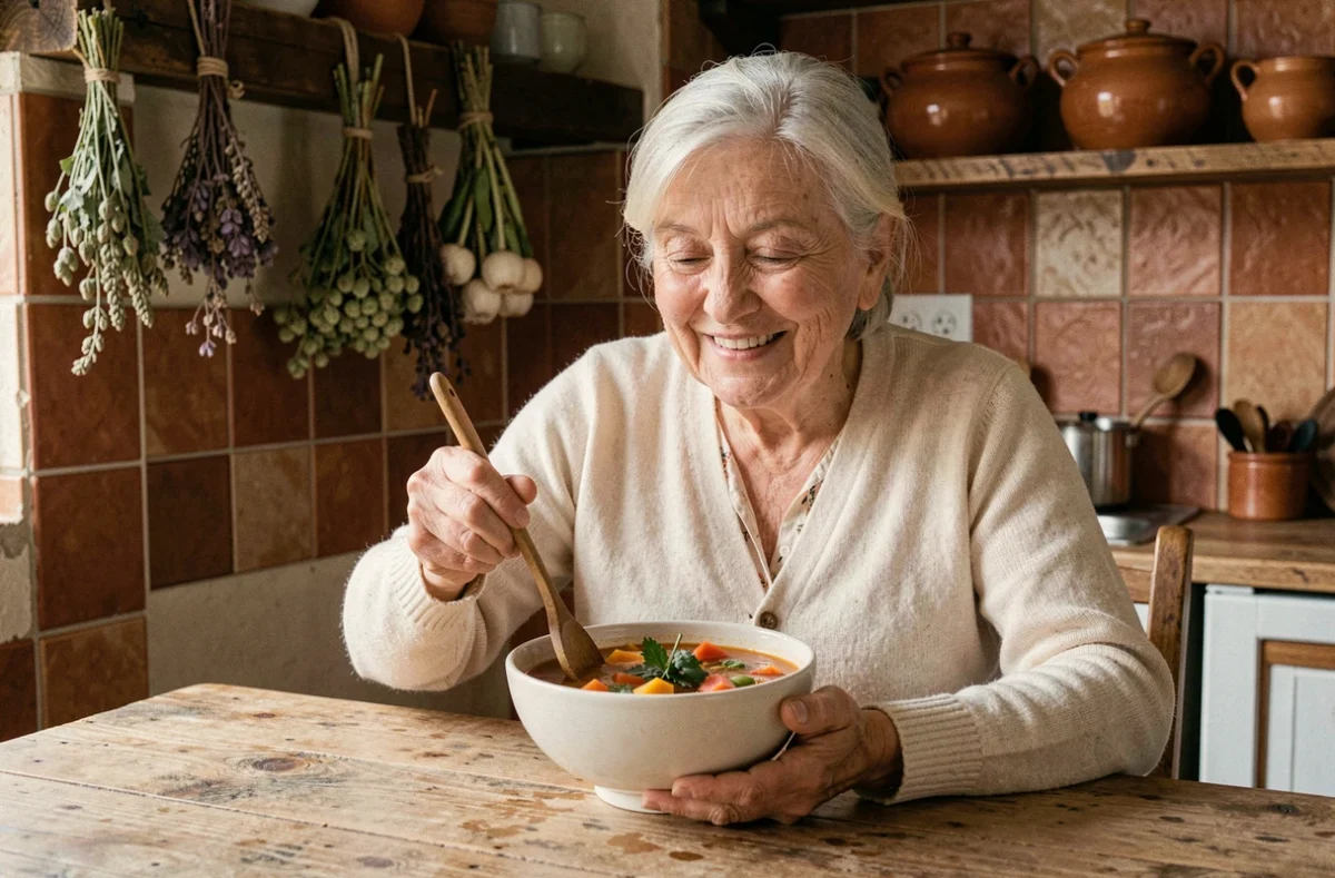 Une femme âgée souriante prépare une soupe de légumes colorée dans une cuisine rustique chaleureuse, illustrant les repas équilibrés pour seniors